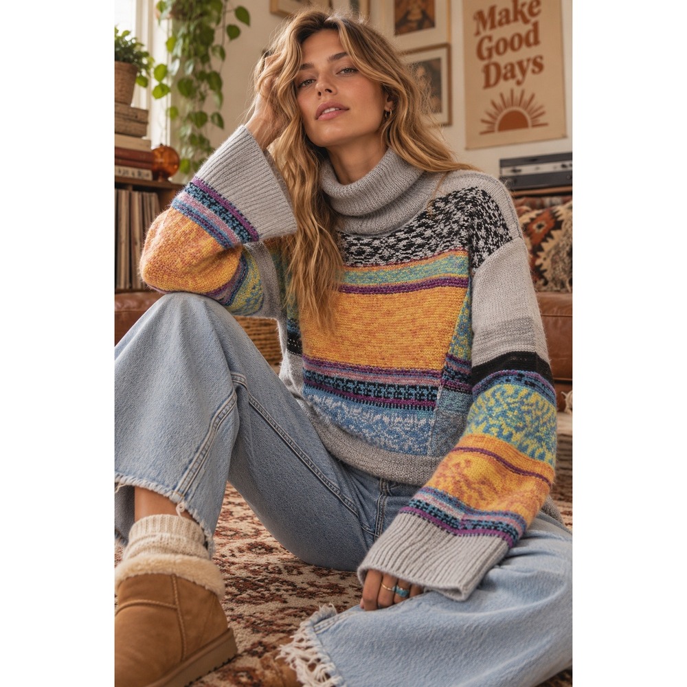 Free People This and That Stripe Sweater M Multicolor Knit Turtleneck Boho Cozy